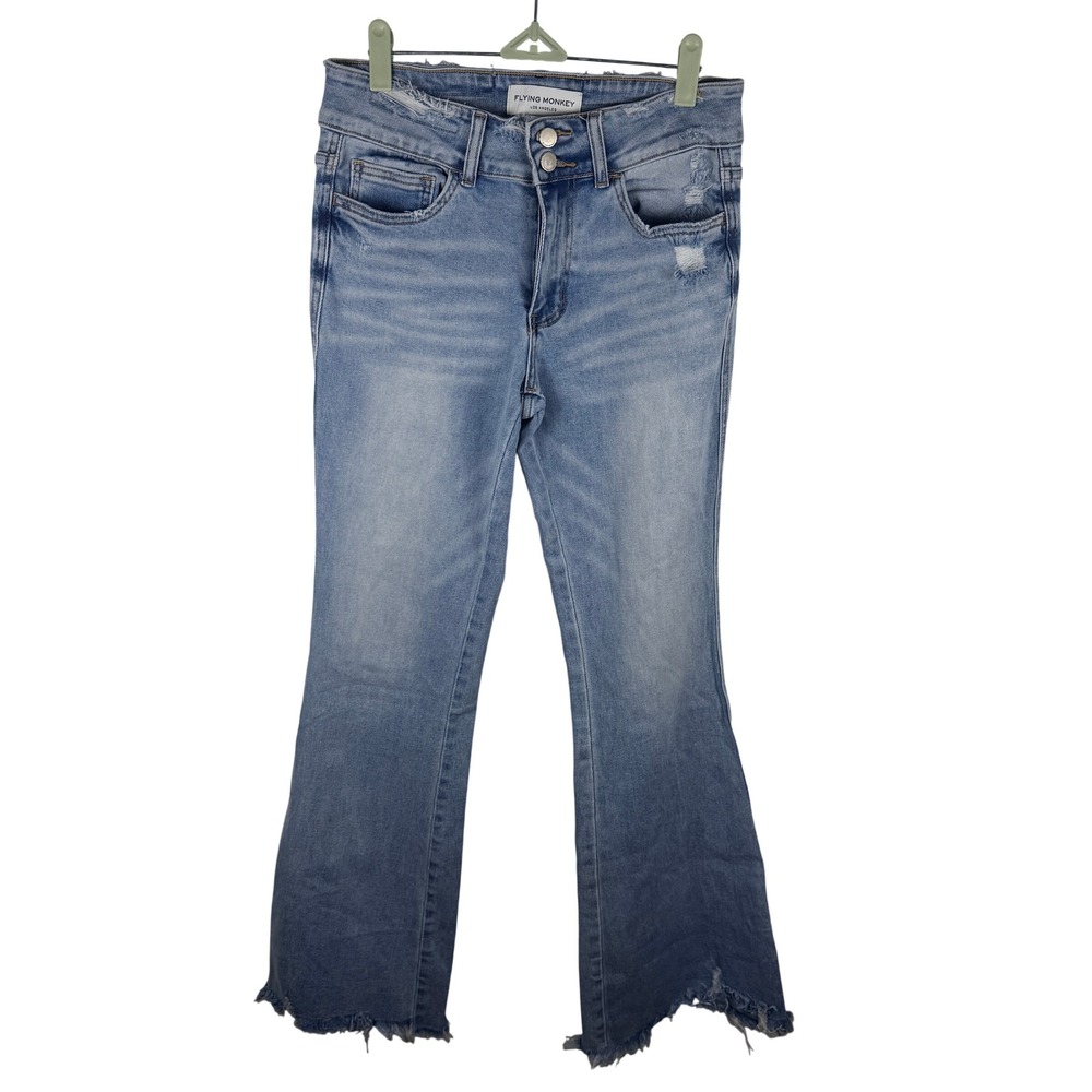 Flying Monkey Flare Jeans Womens 28 Light Blue Distressed Raw Hem BY4450L